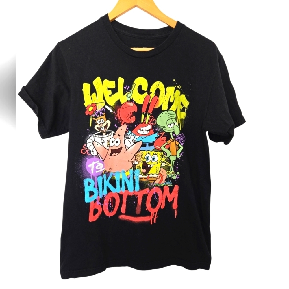SpongeBob SquarePants Black Tee with Colorful Bikini Bottom Design Size Medium